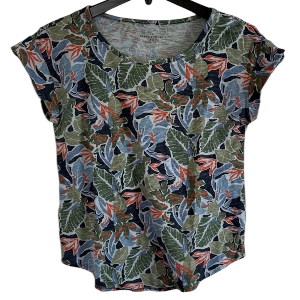 LL Bean | Tropical Leaf Print Short Sleeve Shirt Blue Green Orange Crew Neck